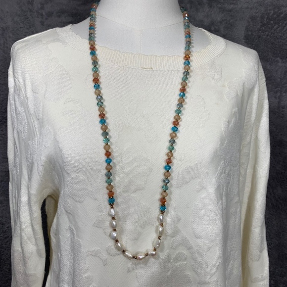Beaded Necklace Long Multi-Color Glass Crystal with Faux Pearls 36” - Picture 1 of 4